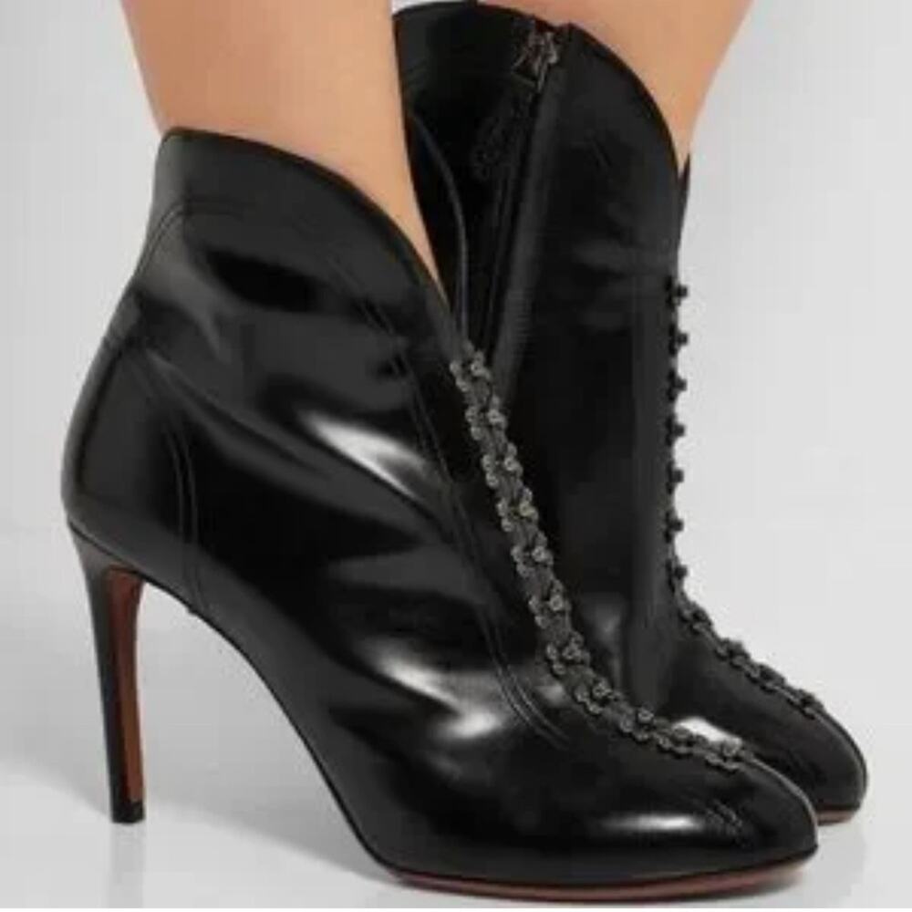 Azzedine Alaia embellished black glossed-leather ankle boots size IT 39 US 9
